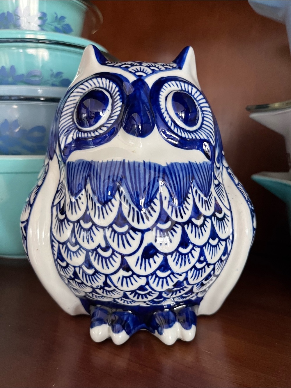Talavera Owl Figurine Hand Painted Mexican Pottery Blue White Ceramic 10”